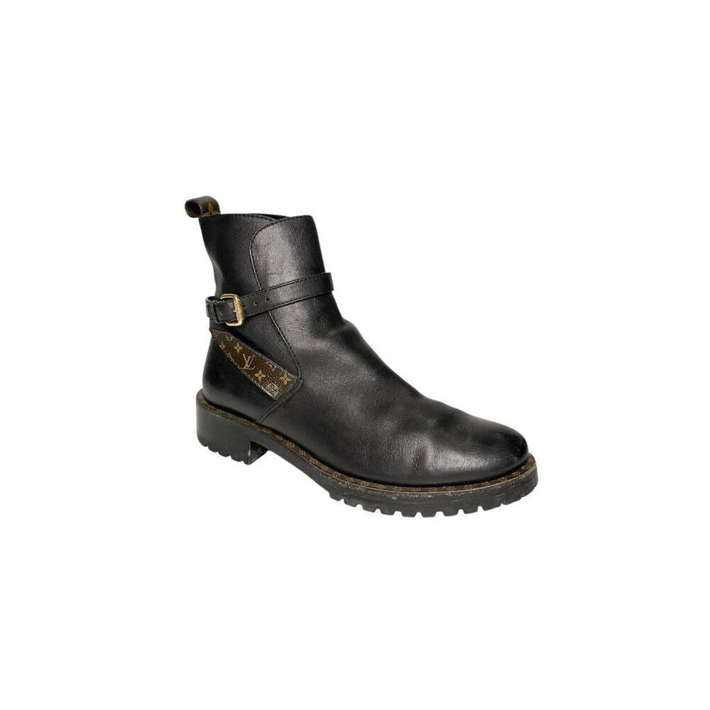 Louis Vuitton Discovery Moto Boots Black Monogram Logo Leather Ankle Boots EU 40
